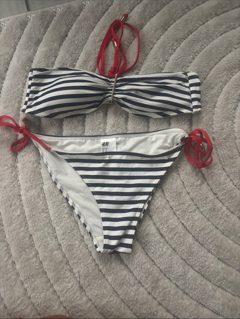 H&M Navy & White Stripe Bikini with Red Ties size 8